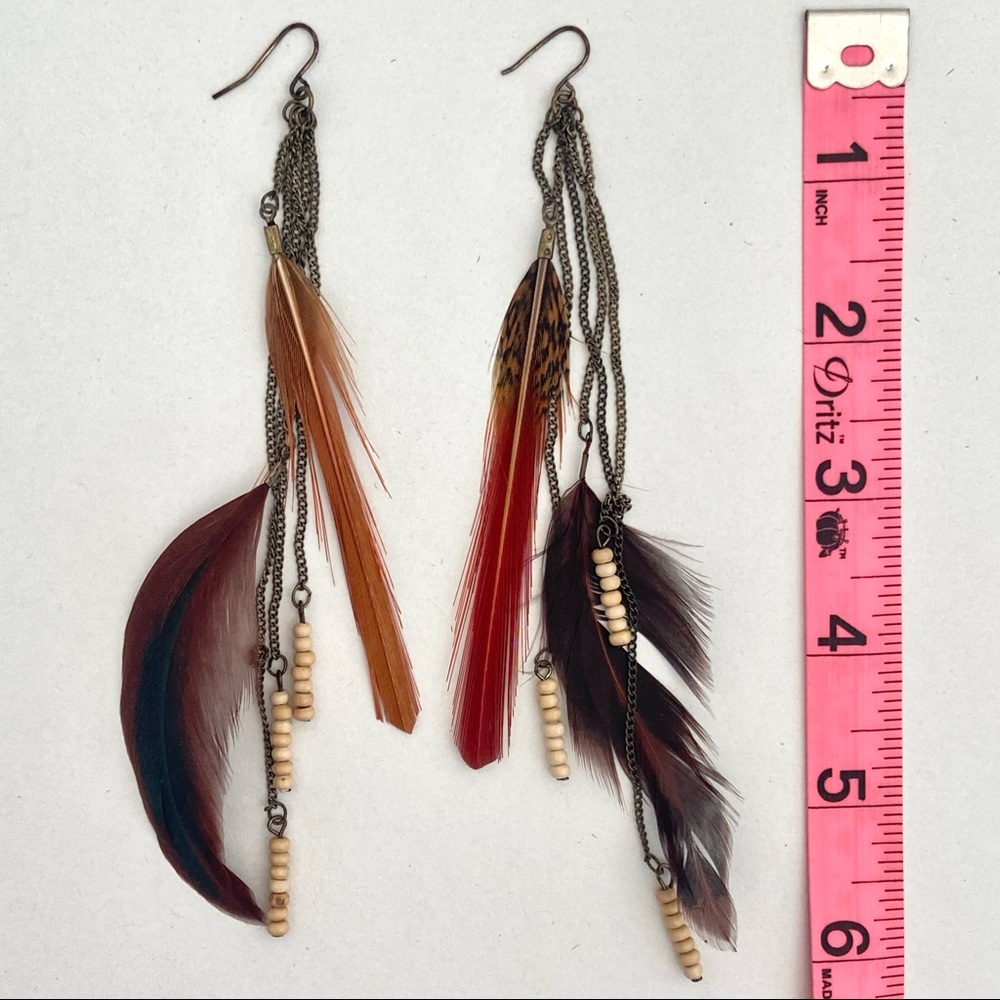 Feather & Wooden Beads Boho Earrings w/ dangling Feathers & Chains - Picture 5 of 5